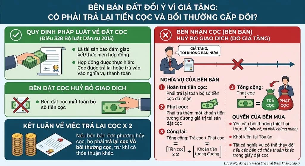 Bên bán đất đổi ý vì giá tăng: Có phải trả lại tiền cọc và bồi thường gấp đôi?