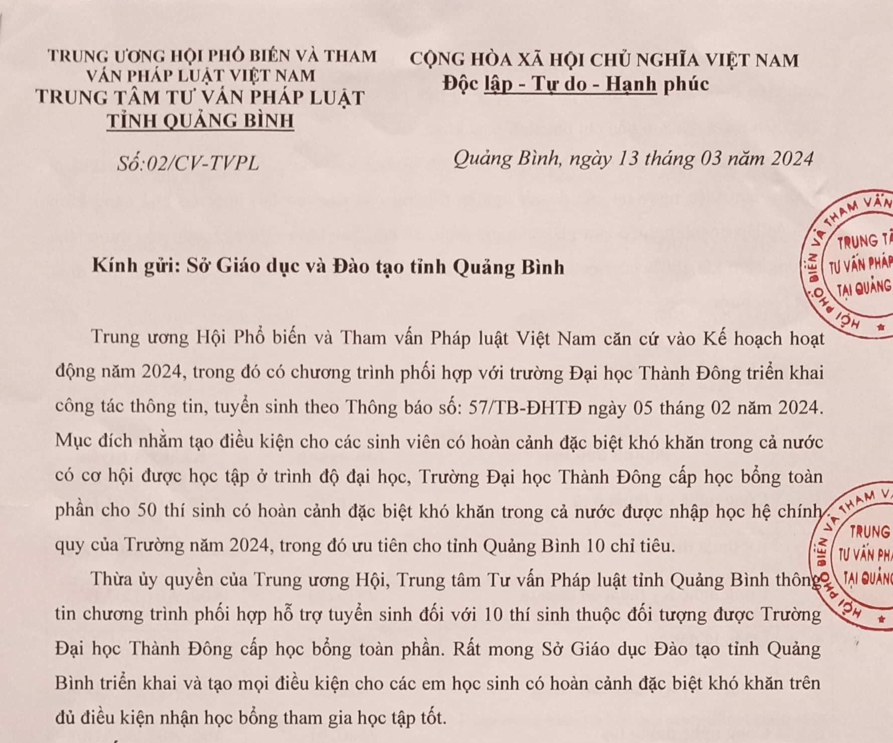 Ưu tiên 10 suất học bổng Đại học cho học sinh nghèo, gia đình chính sách tại Quảng Bình